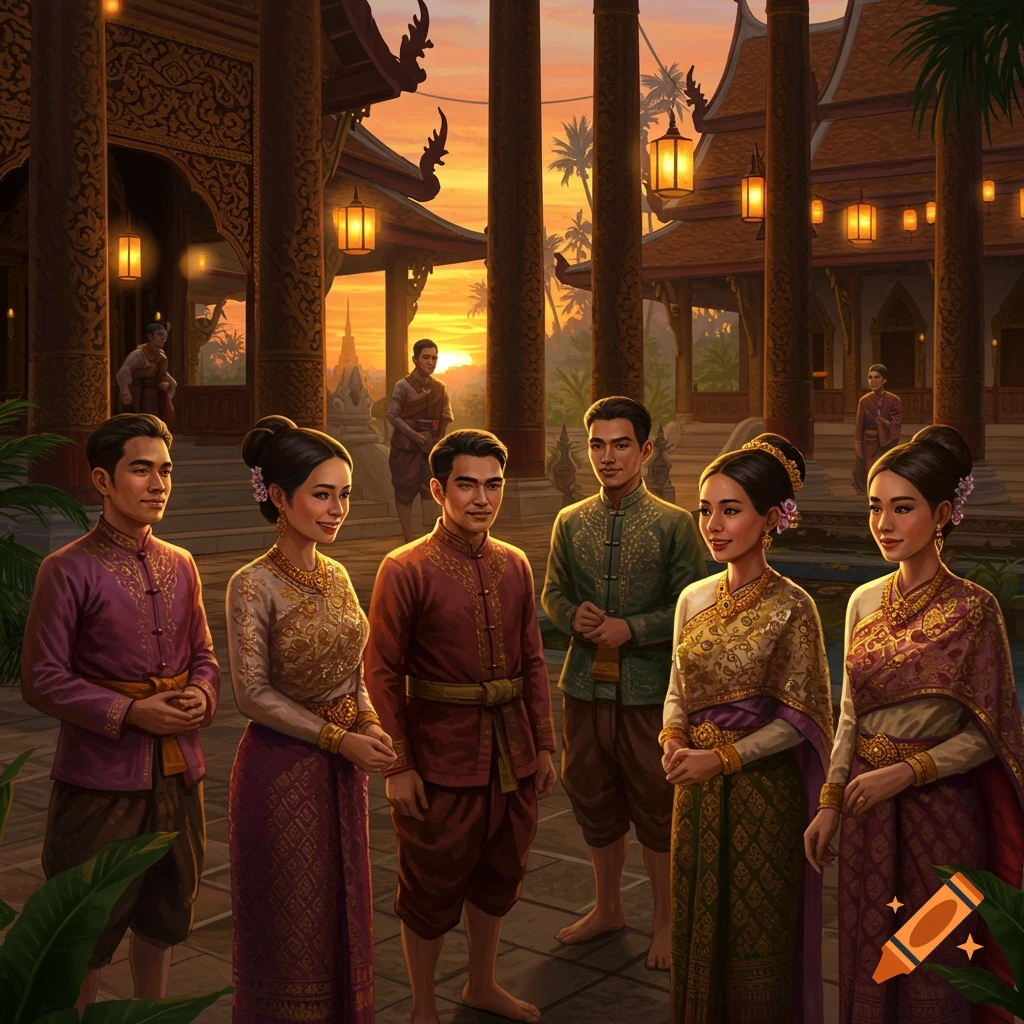 Group of smiling people in traditional Thai attire standing in a beautiful temple courtyard at sunset.