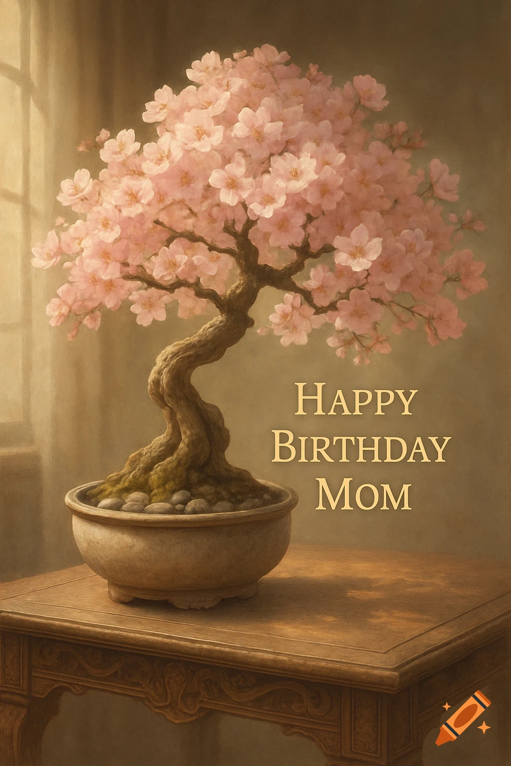 A digital painting of a bonsai cherry blossom tree with pink flowers, on a wooden table, with 'Happy Birthday Mom' text.