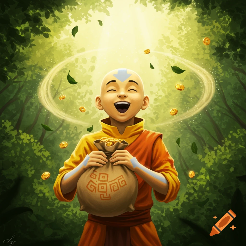 Happy Aang from Avatar holds a bag of gold coins in a sunny forest with falling coins and leaves, illustrated.