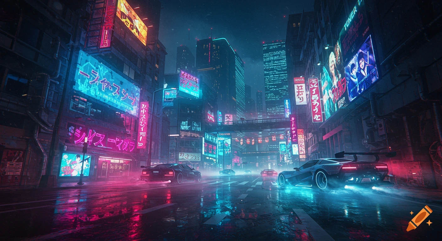 A futuristic cyberpunk cityscape at night, with neon-lit buildings, wet streets reflecting vibrant colors, and sleek cars driving.