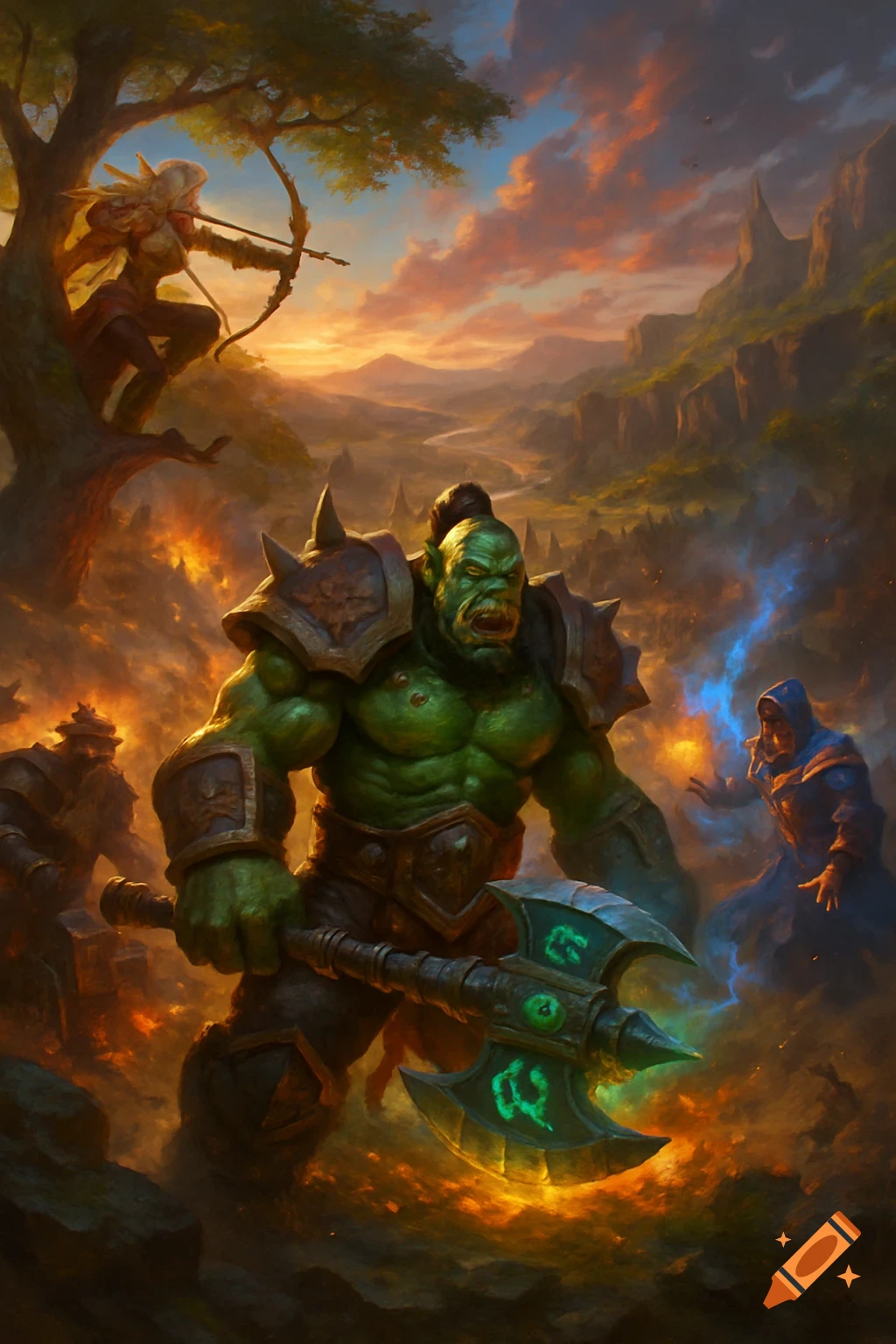A powerful green orc warrior with a glowing axe leads a fantasy battle, with an archer in a tree and a mage casting spells under a vibrant sunset sky.