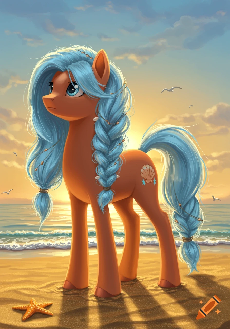 A My Little Pony character with an orange body and light blue braided mane and tail stands on a sandy beach at sunset, with ocean waves and seagulls.