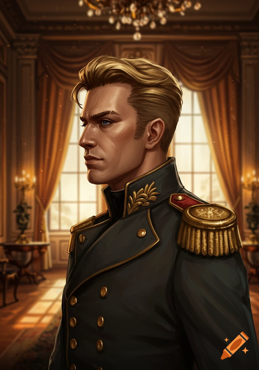 A profile portrait of a man with blonde hair in a dark military uniform with gold epaulettes in a grand room.