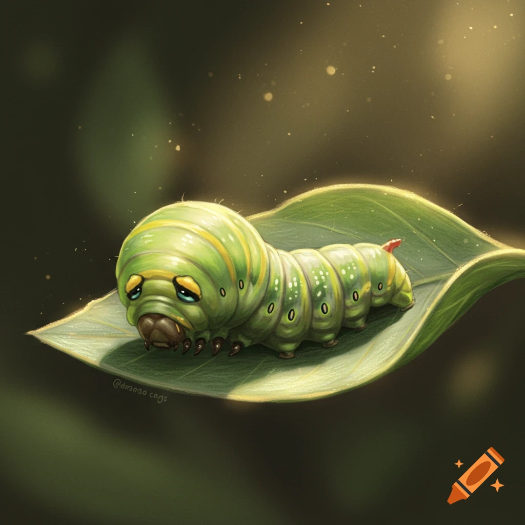 A cute, sad, chubby green caterpillar with yellow stripes sits on a leaf in a soft, illustrative style.
