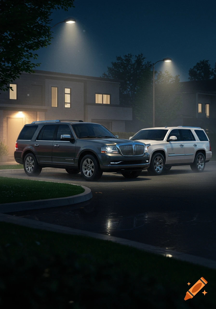 Two SUVs, a dark Lincoln Navigator and a white Cadillac Escalade, parked on a wet street at night in front of modern houses.