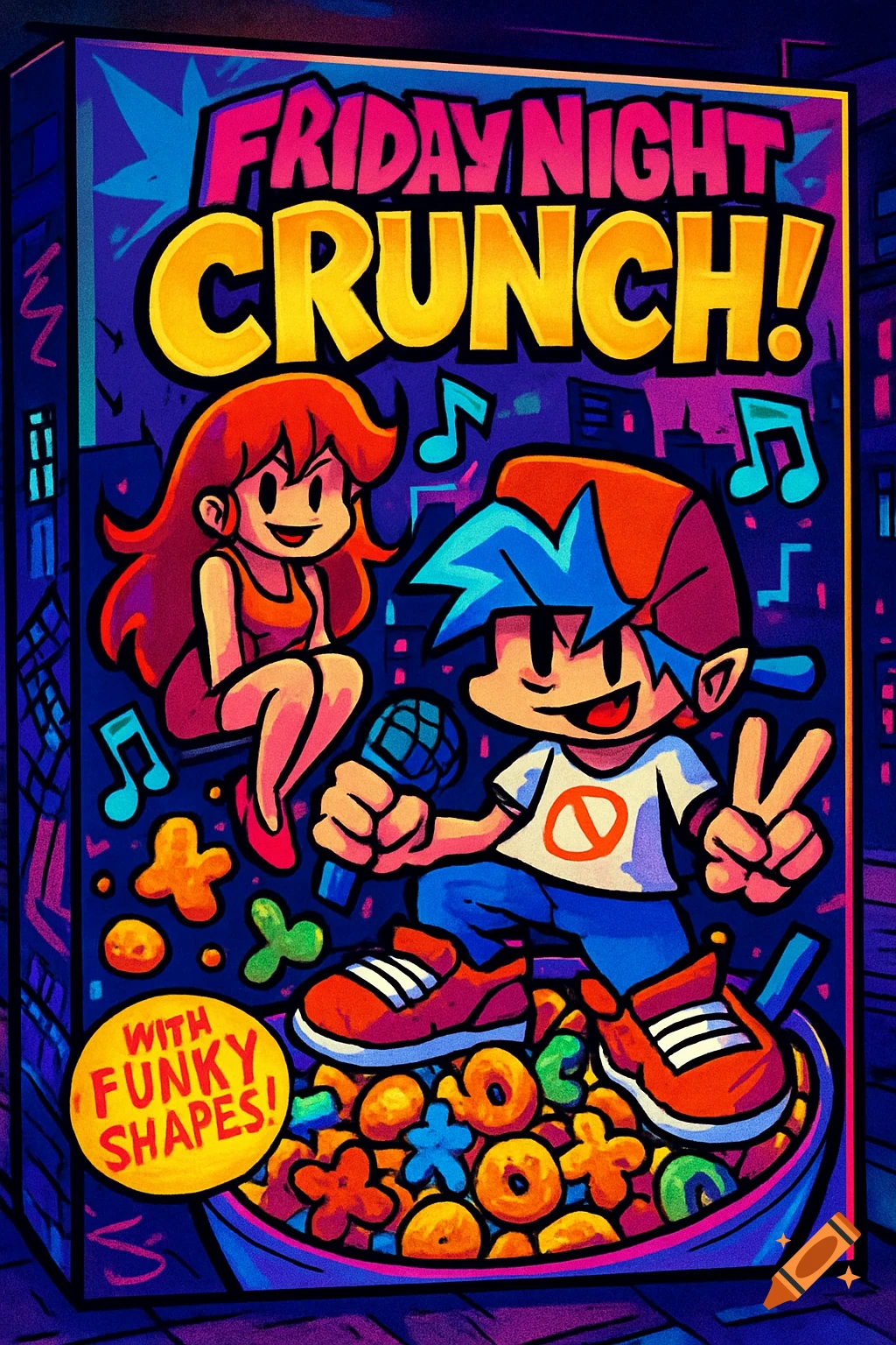 Vibrant cartoon cereal box for 'Friday Night Crunch' featuring Boyfriend holding a mic and Girlfriend from FNF.