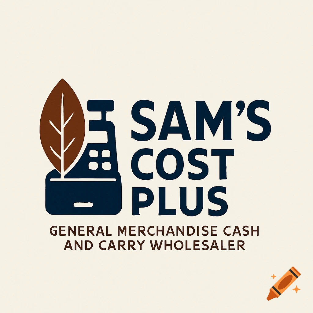 Logo for Sam's Cost Plus, featuring a brown leaf integrated into a dark blue cash register icon and company name text.