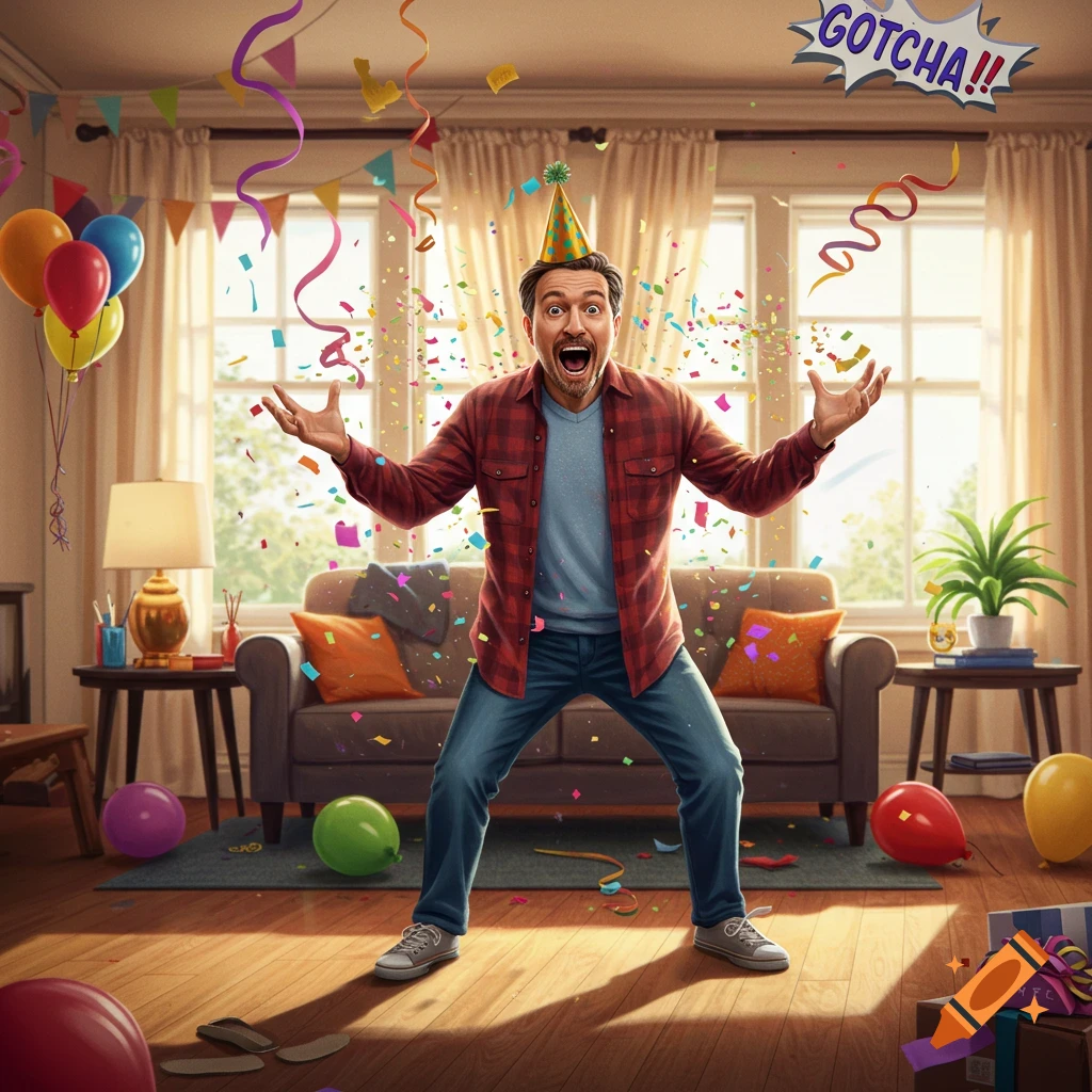 A surprised man in a party hat, arms out, covered in confetti in a living room, with balloons and gifts. Photorealistic.