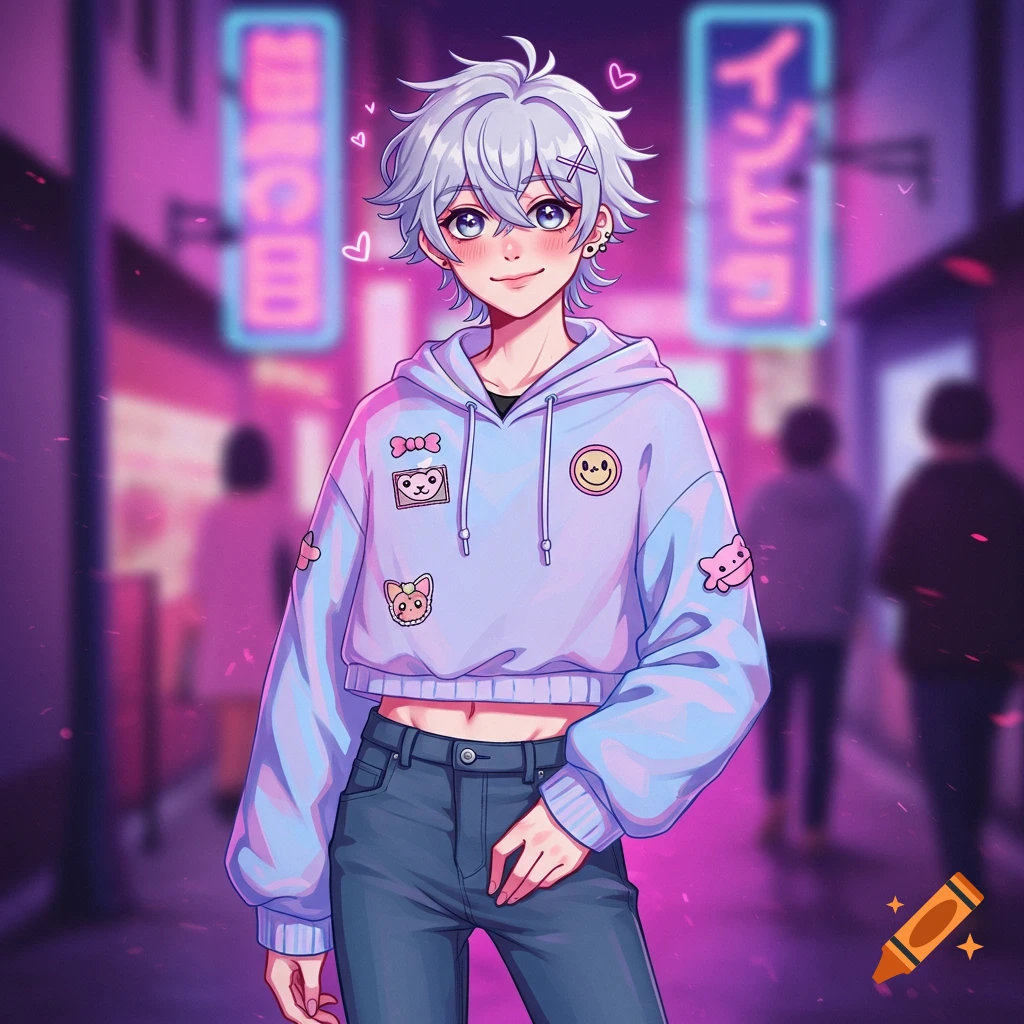 Anime-style character with short silver hair and blue eyes, wearing a light purple cropped hoodie and jeans, standing on a neon-lit street.