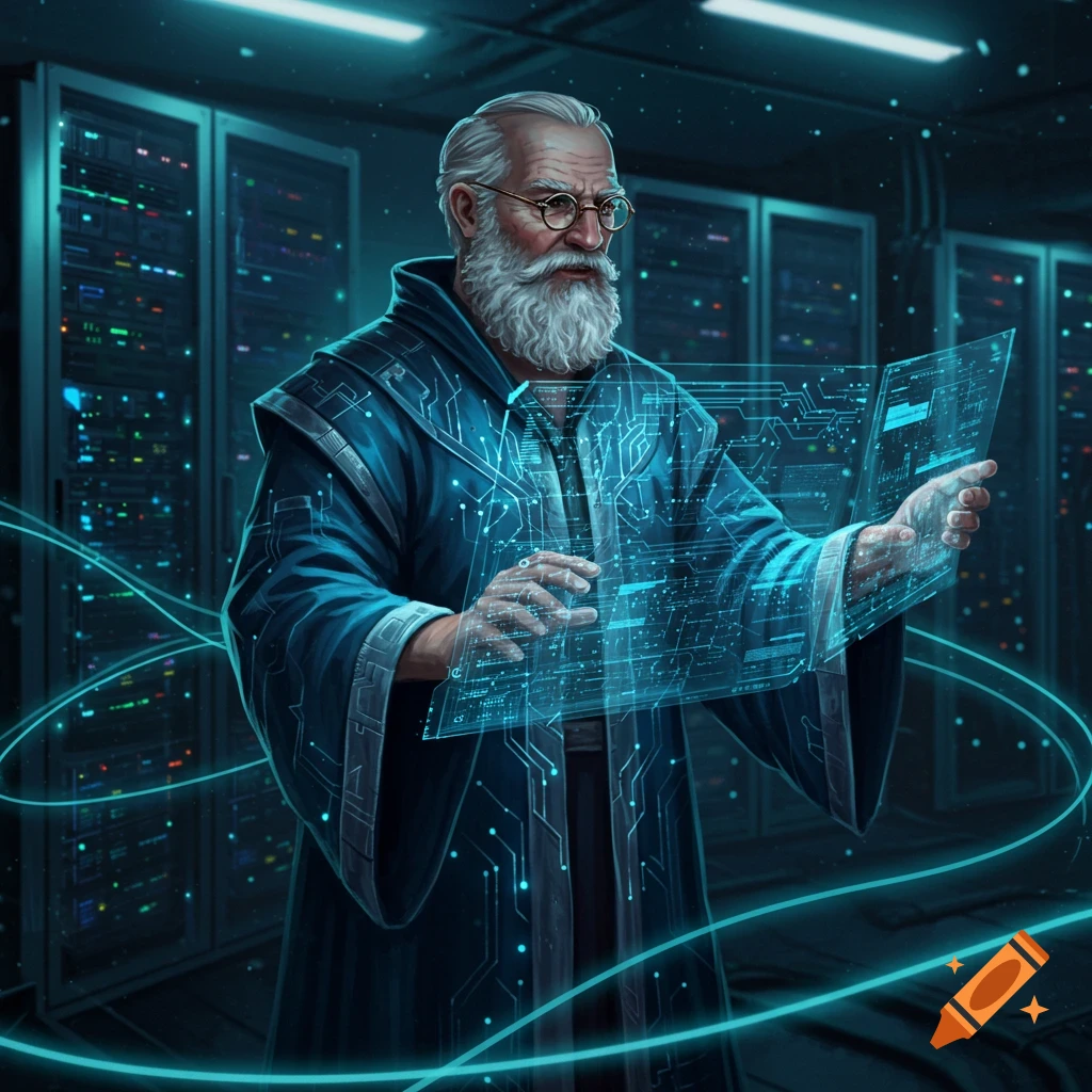 An old man with a white beard, dressed in a blue robe, interacts with a glowing blue holographic screen in a server room.