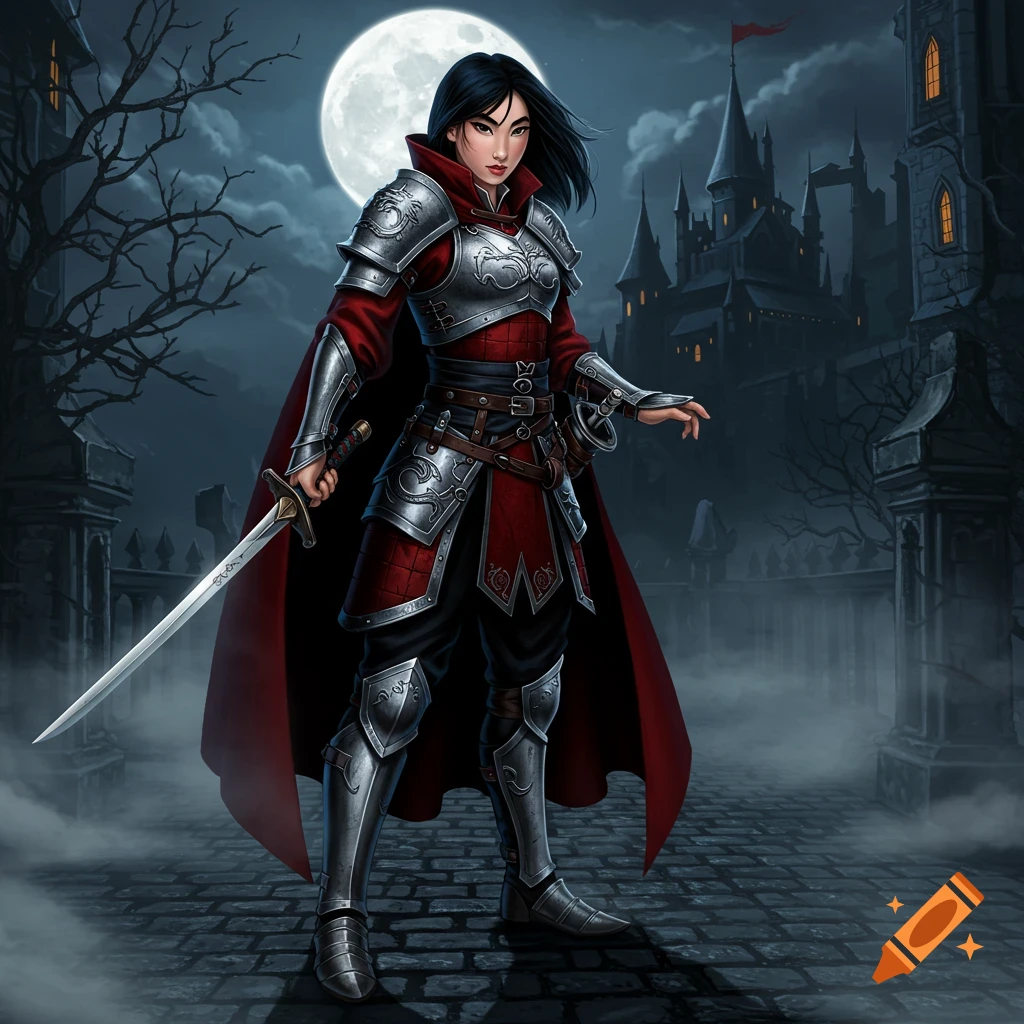 Female warrior in red and silver armor with a sword, standing on a path before a gothic castle under a full moon at night.