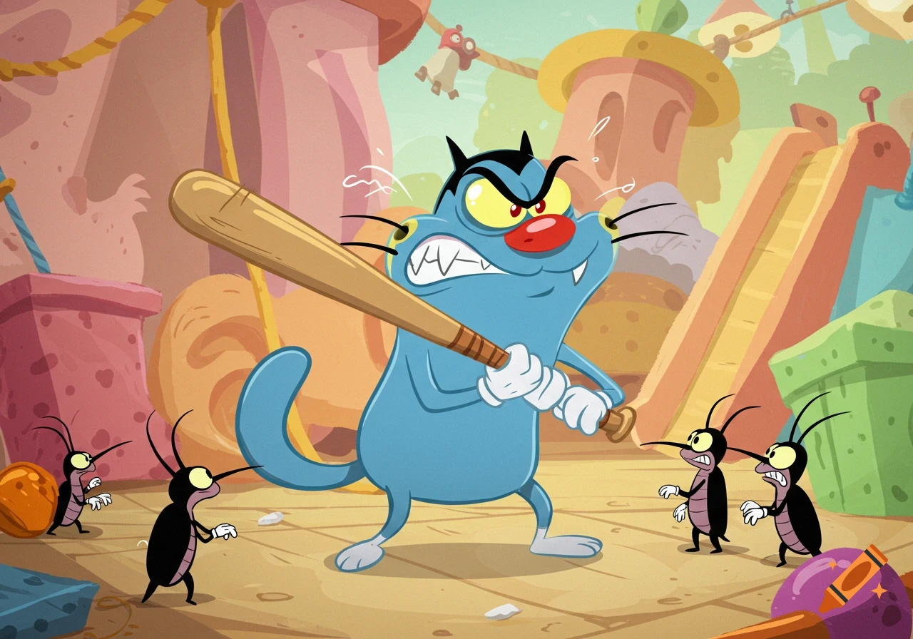 Oggy, an angry blue cartoon cat, holds a baseball bat while facing three frightened cockroaches in a colorful, whimsical setting.