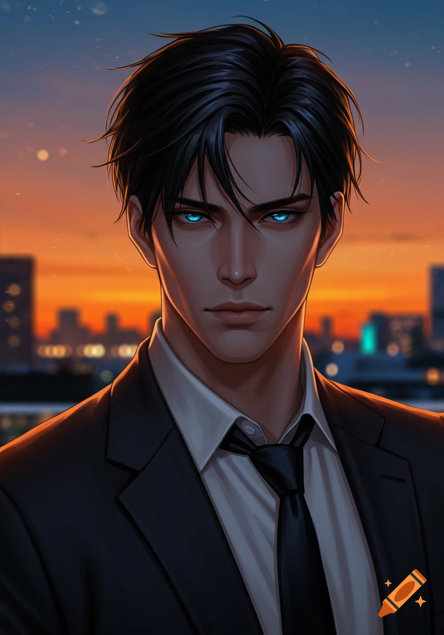 A stylized illustration of a handsome man with black hair and glowing blue eyes, wearing a black suit, against an orange sunset cityscape.