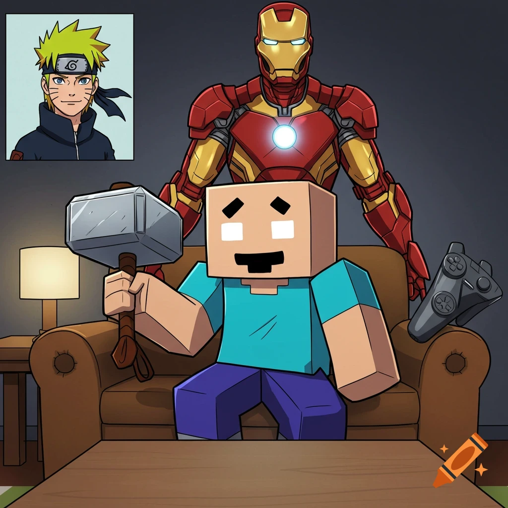 Herobrine sitting on a sofa, holding Thor's hammer and a gaming controller, with Iron Man behind him and a Naruto portrait in the corner, in a cartoon style.