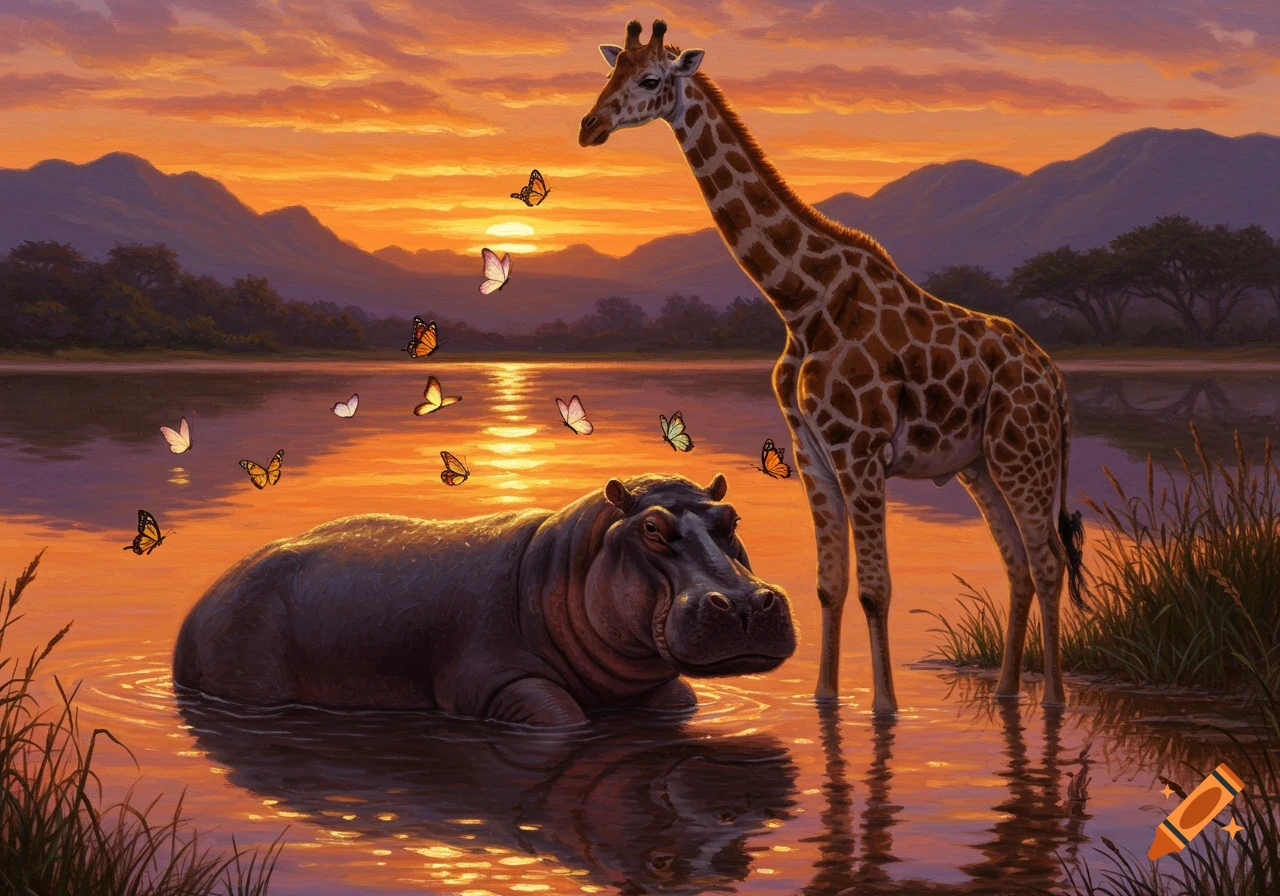 A painting of a giraffe and hippo in a lake at sunset, with butterflies fluttering around them, mountains in the background.
