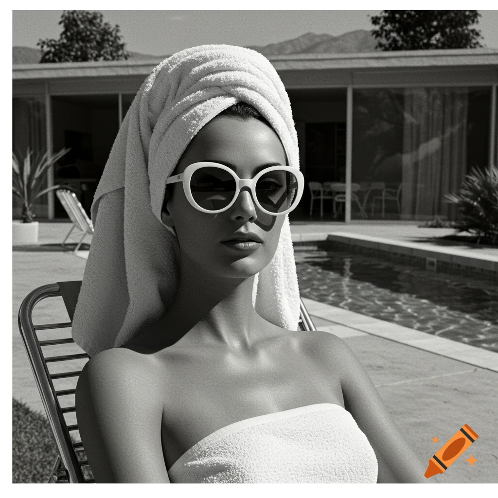 Glamorous mid-century woman in a towel and white sunglasses by a pool, black and white.