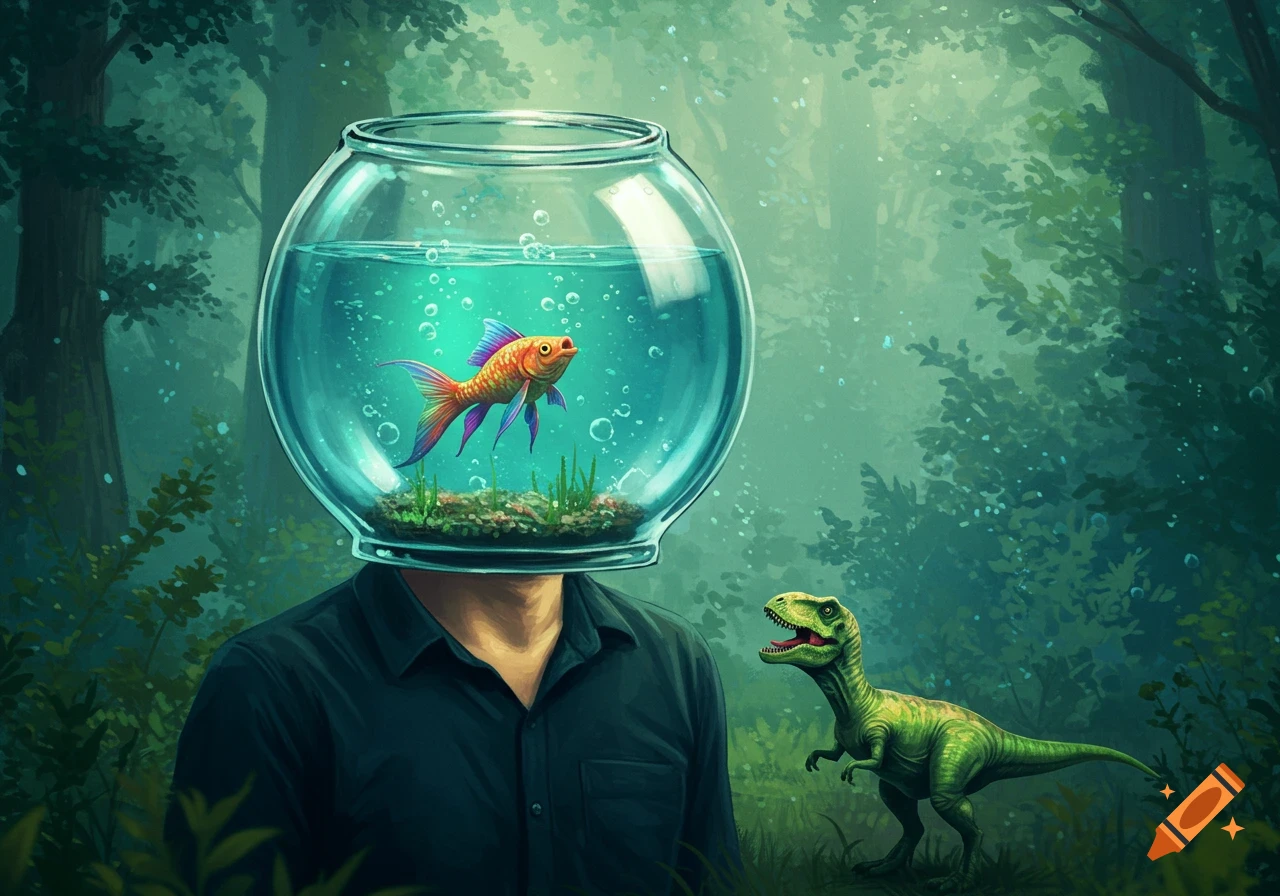 A man with a goldfish swimming inside a fishbowl head stands in a misty forest next to a small green dinosaur.