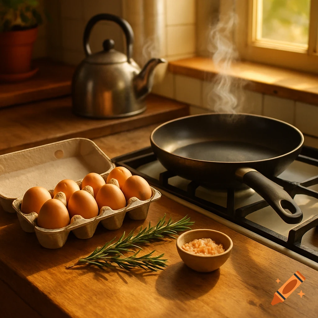 Photorealistic image of eggs in a carton, rosemary, and a bowl of salt on a wooden counter next to a steaming frying pan and a kettle in a kitchen.