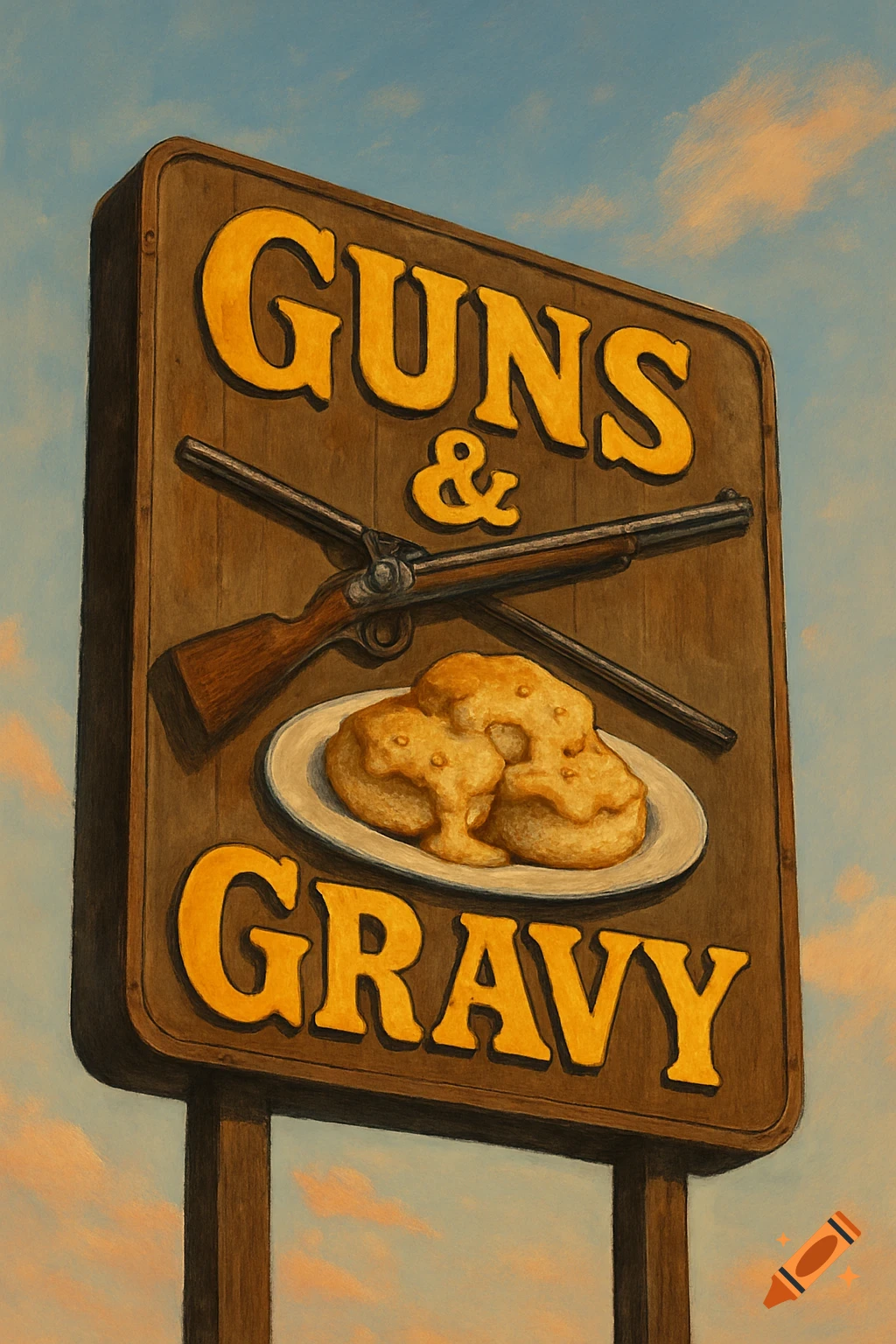 Stylized painting of a brown wooden sign with the text 'Guns & Gravy' in yellow, depicting a rifle and a plate of biscuits with gravy under a blue sky.
