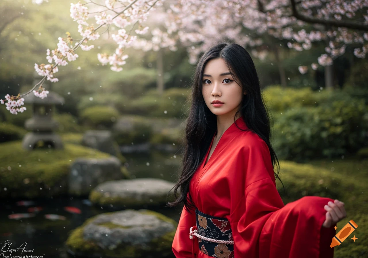 A young woman in a red kimono stands in a photorealistic Japanese garden with cherry blossoms blooming.