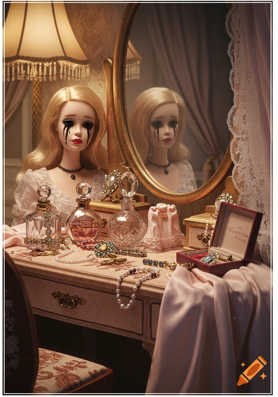 A blonde Barbie-like doll with black tears sits at a vintage dressing table adorned with jewelry and perfume bottles.