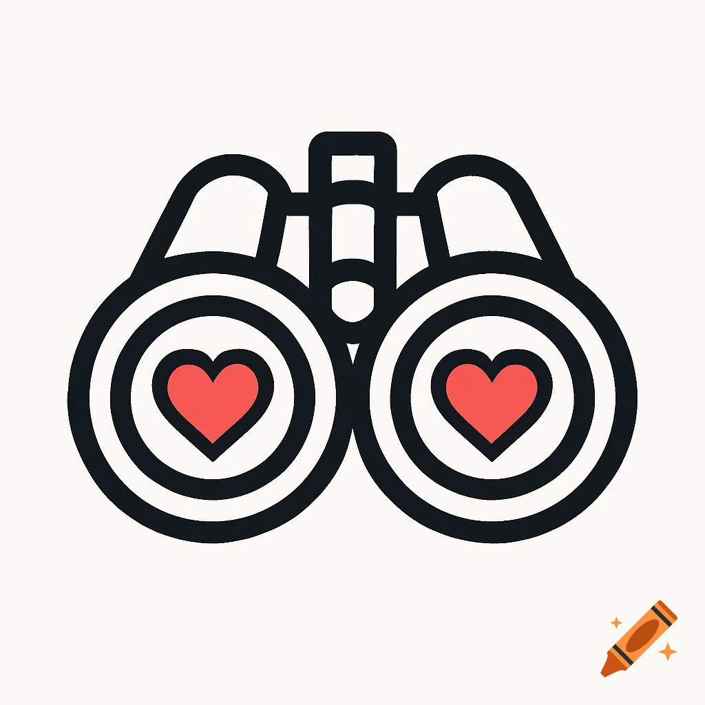 A minimalist icon of black-outlined binoculars with a red heart in each lens on a white background.