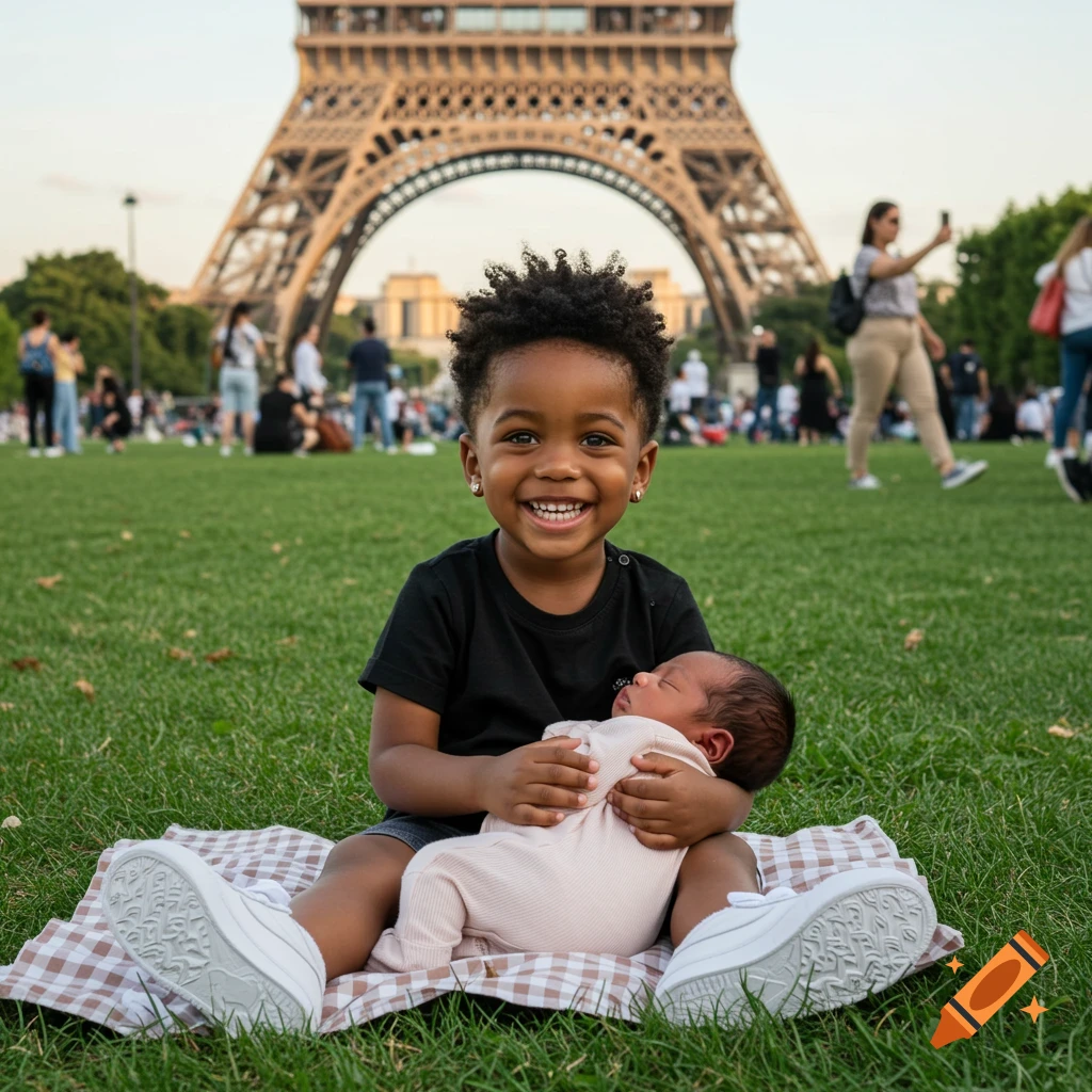 A happy Black toddler with an Afro buzzcut sits on a plaid blanket in a grassy park, holding a sleeping newborn baby. The Eiffel Tower is in the background.