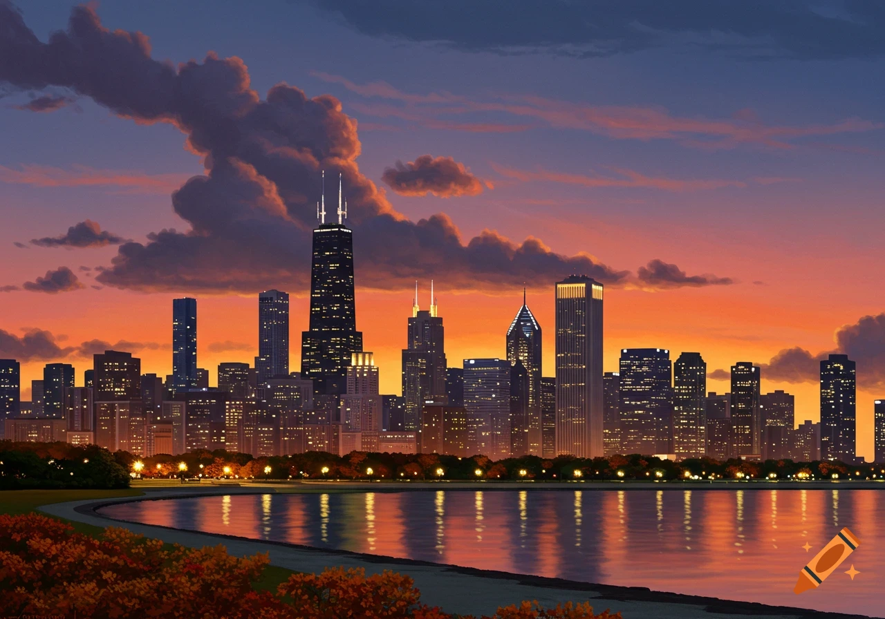 Vibrant illustration of the Chicago skyline at sunset, with city lights reflecting on the water and colorful clouds above.