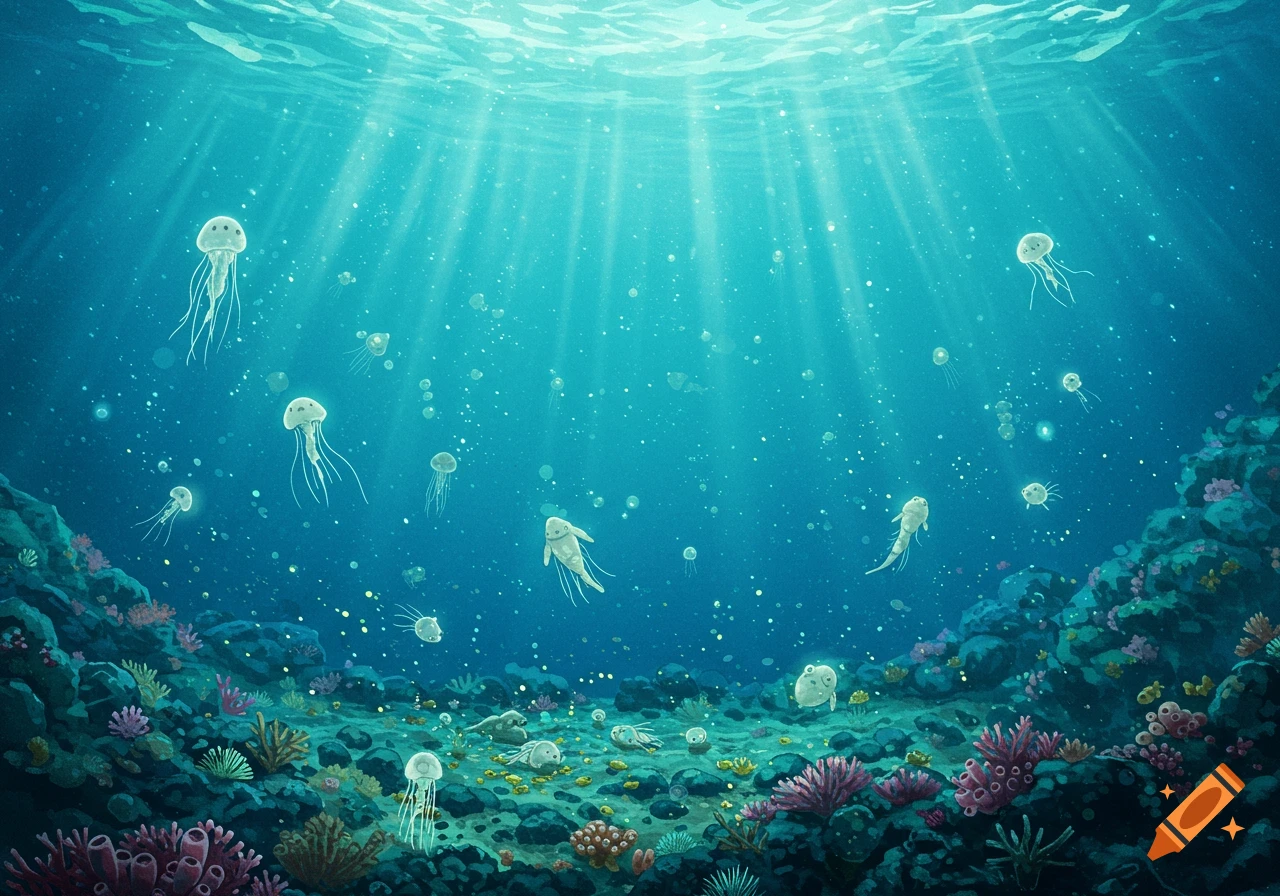 Ghibli-style illustration of an underwater scene with light rays, jellyfish-like creatures, and coral formations on the rocky seafloor.