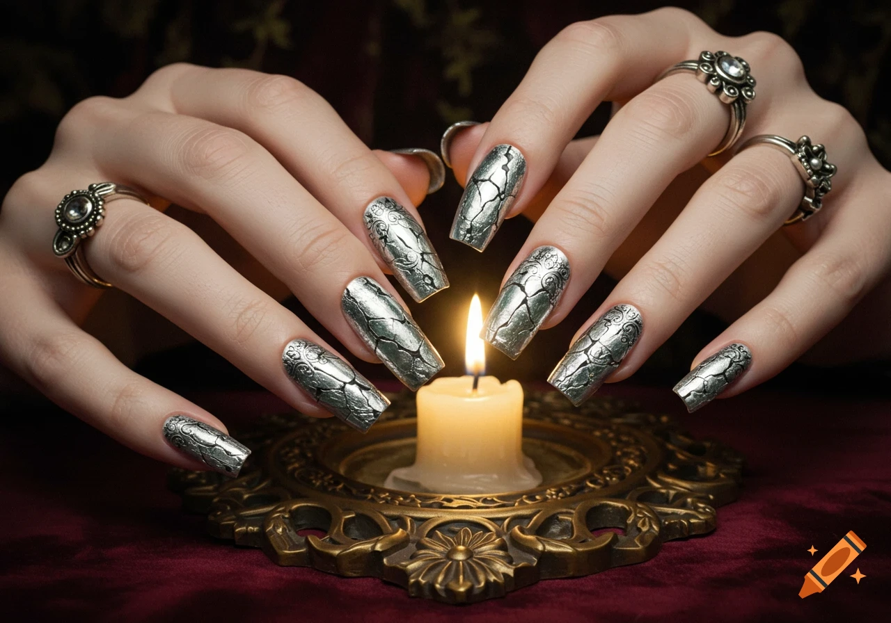 Hands with ornate silver cracked nails and rings hold a lit candle on a dark, antique-styled table.