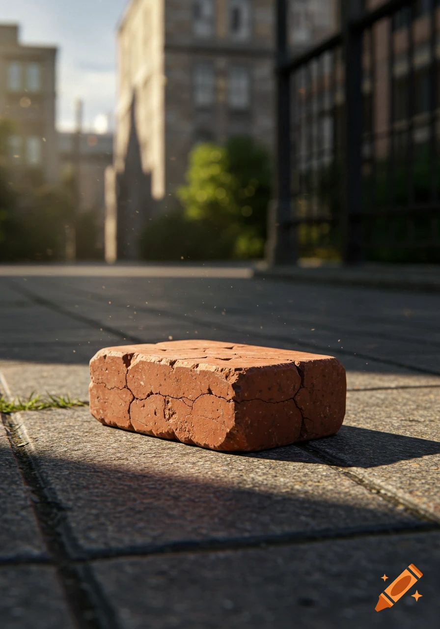 A cracked red brick lies on a stone path, bathed in sunlight with a blurred urban background.