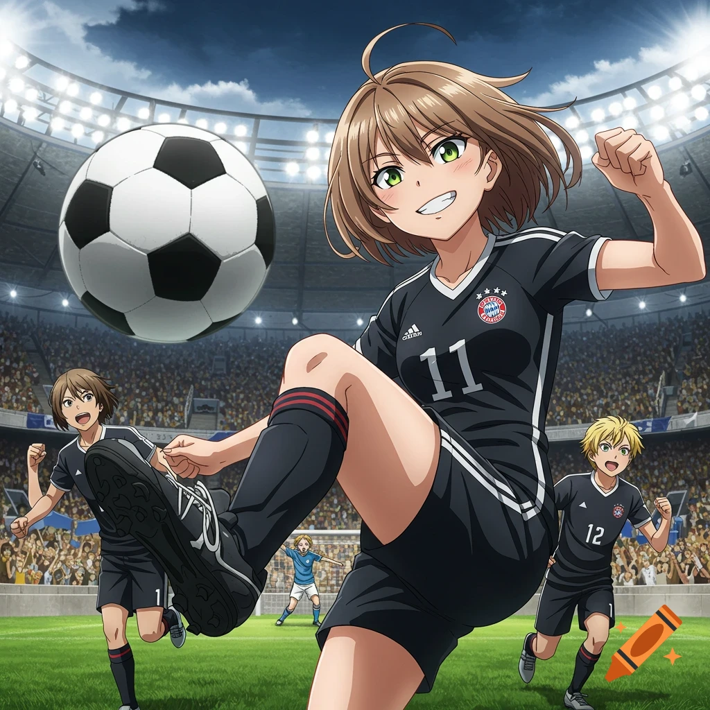 An anime girl with light brown hair and green eyes kicks a soccer ball in a stadium, wearing a black jersey with number 11. Teammates run nearby.