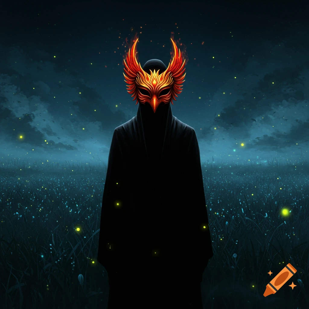 A dark cloaked figure wearing a fiery red and gold phoenix mask stands in a mysterious field glowing with fireflies under a dark sky.