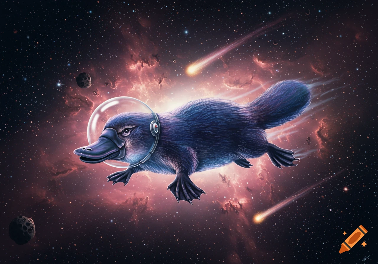 A platypus wearing an astronaut helmet speeds through a vibrant, star-filled nebula, with meteors flying past.