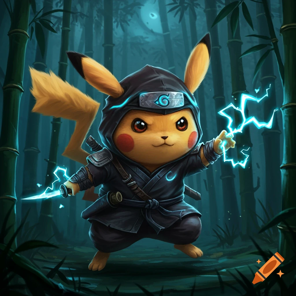 Pikachu ninja in a dark bamboo forest, holding a glowing knife and emitting electricity. Digital art style.