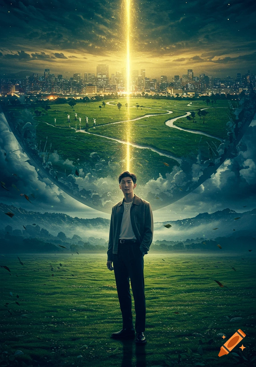 A man stands in a green field with a golden light beam, a surreal landscape of a curved city skyline and mountains behind him.