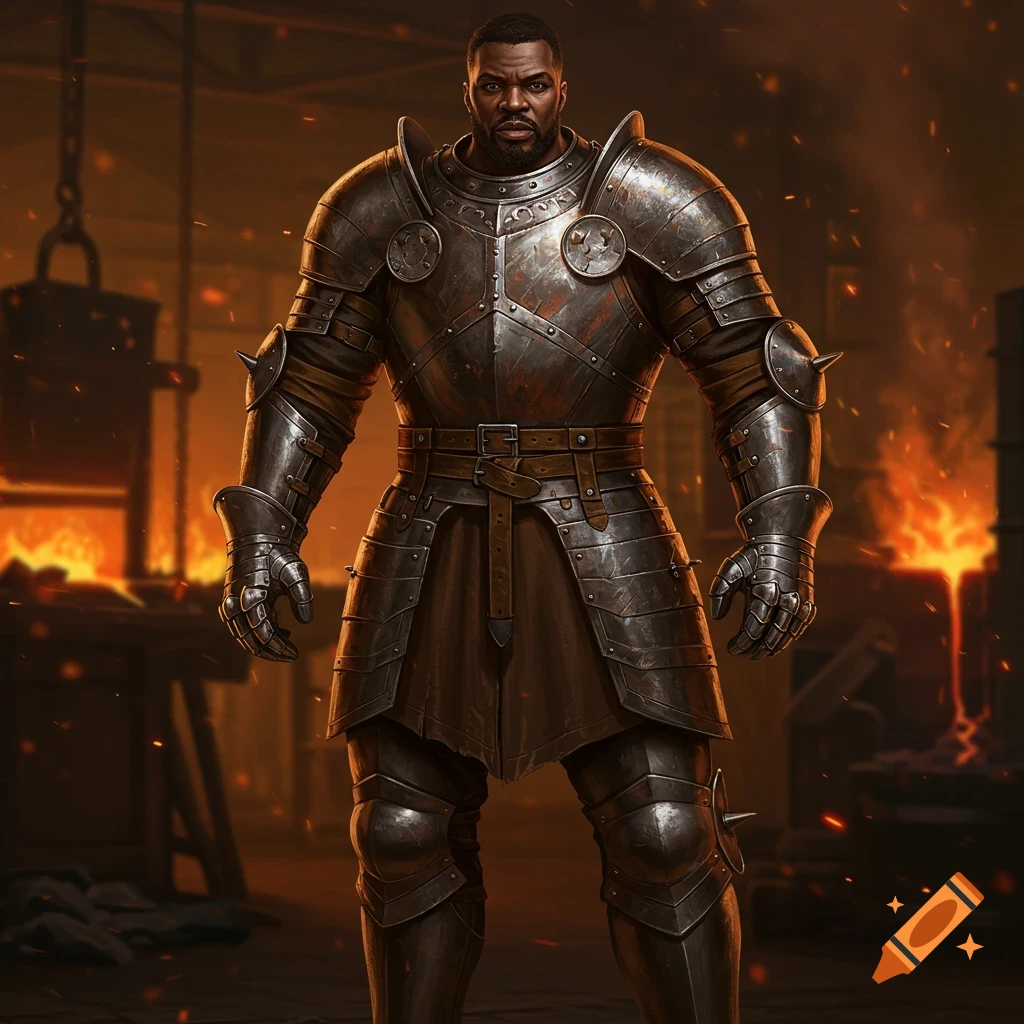 A formidable Black man in full, detailed metal armor stands in a dimly lit forge with glowing embers and fire in the background.
