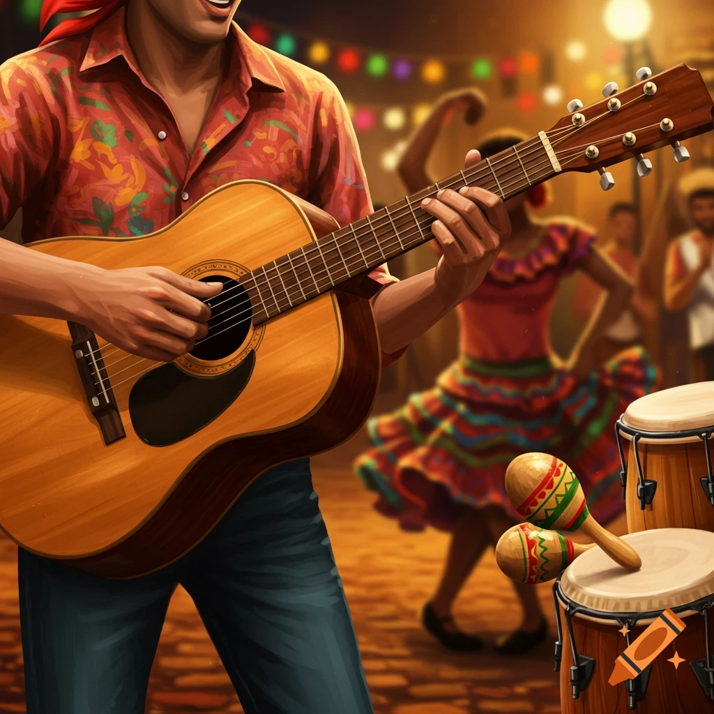 A person playing an acoustic guitar, with people dancing in the blurred background at a lively outdoor celebration with drums and maracas.