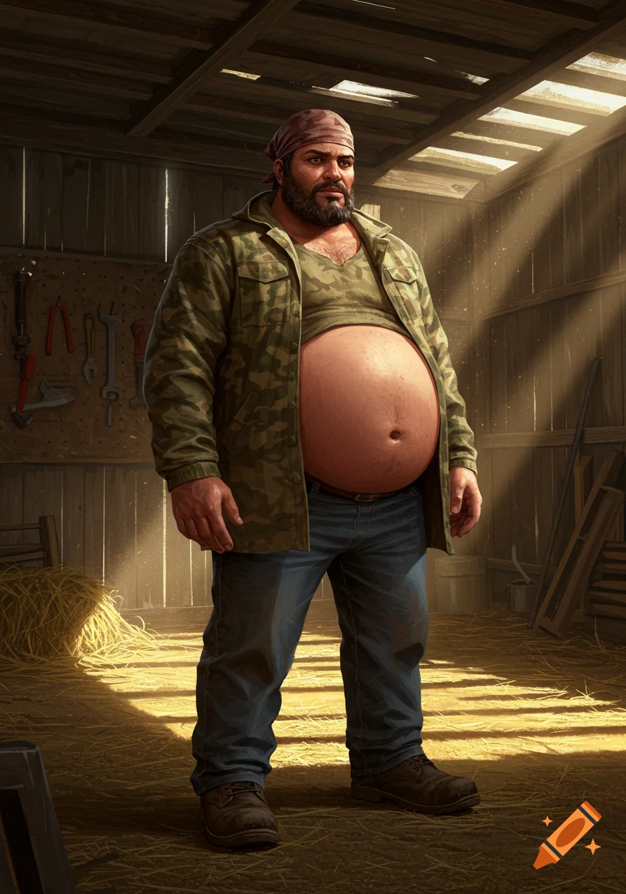 A bearded man with a large stomach wearing a bandana, camo jacket, and jeans stands confidently in a rustic shed.