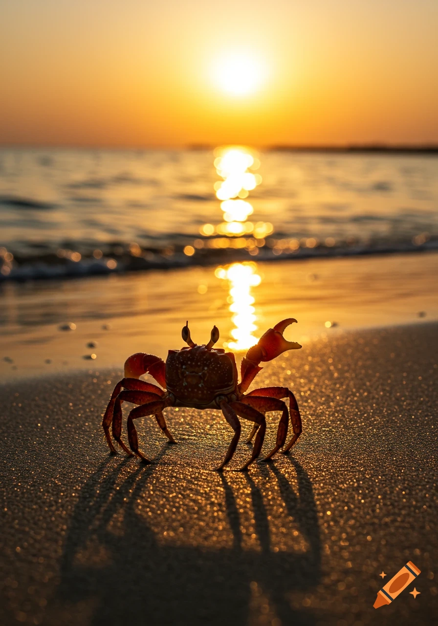 A red crab stands on a sandy beach with the sun setting over the ocean in the background, casting a golden glow.
