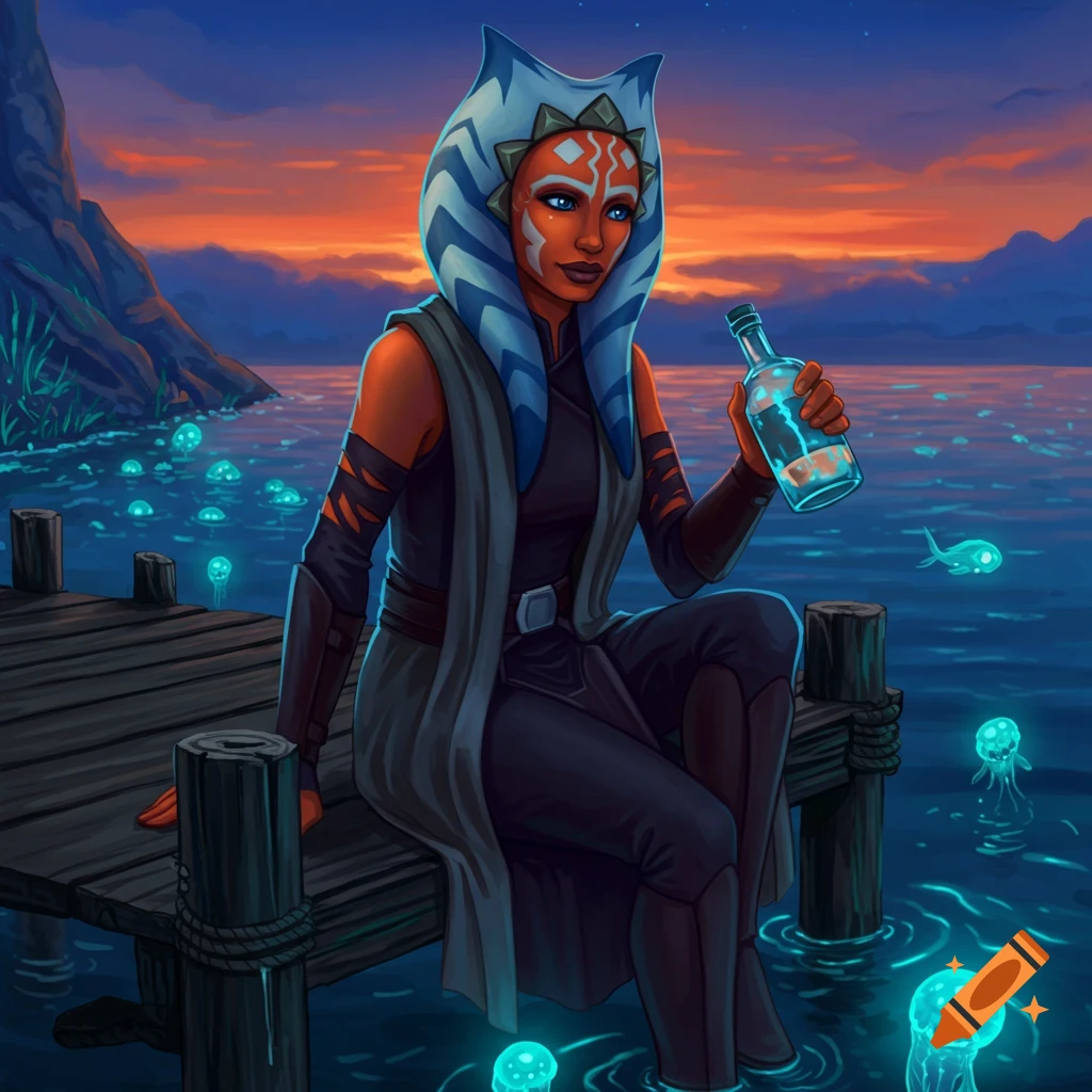 Ahsoka Tano sits on a wooden dock at sunset, holding a glowing bottle. Bioluminescent jellyfish and fish are in the water.