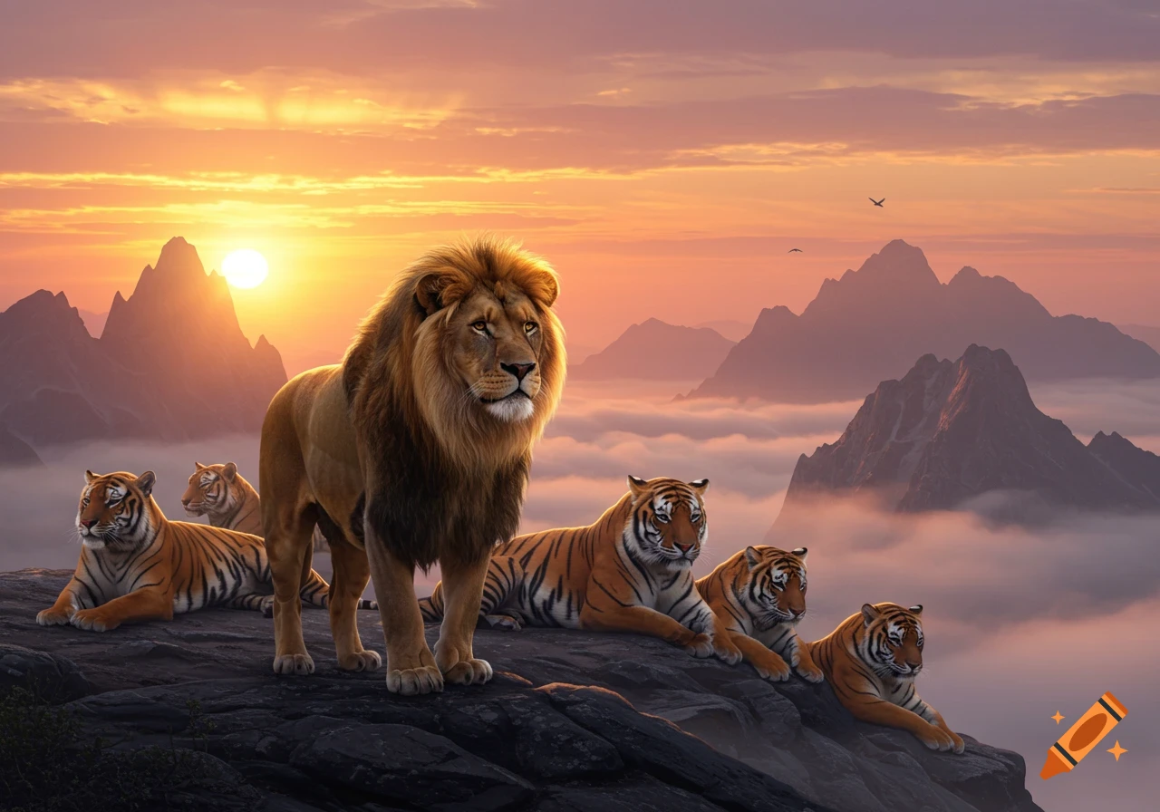 A photorealistic image of a majestic lion and several tigers on a rocky mountain overlooking clouds at sunset.