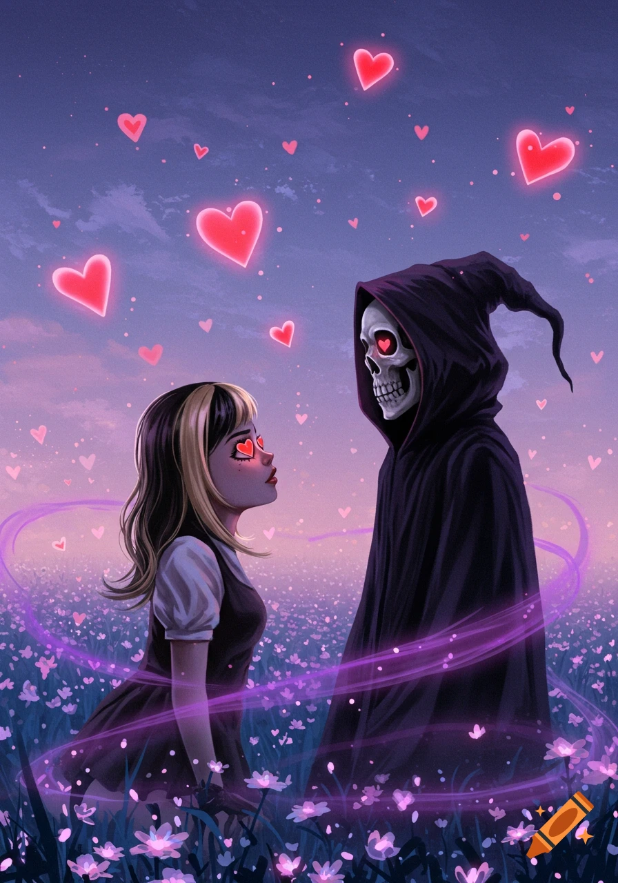A woman with blonde and black hair and the Grim Reaper, both with heart eyes, stand in a field of purple flowers under a heart-filled twilight sky, digital art.