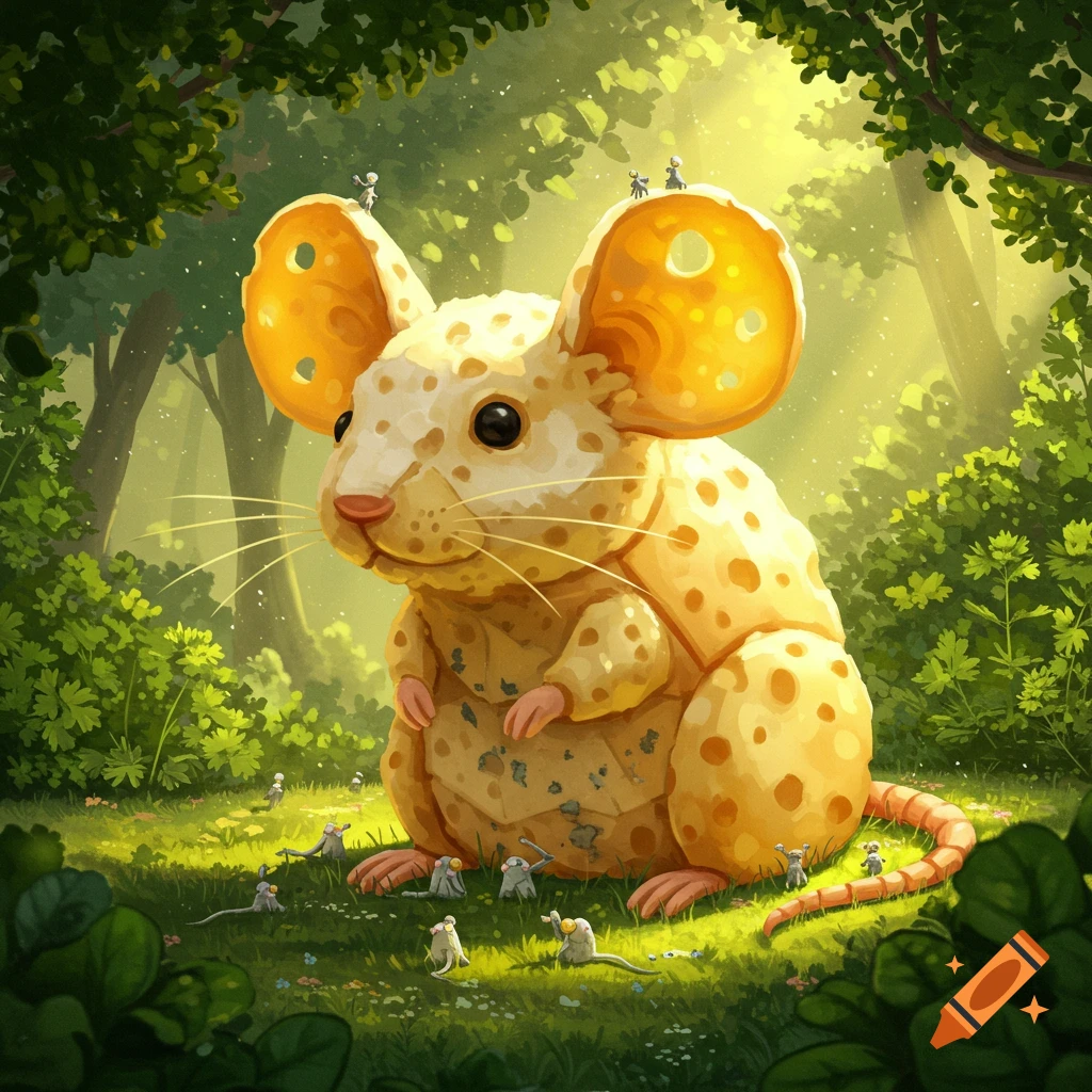 A giant mouse made of Swiss cheese sits in a sunny green forest, surrounded by tiny normal-sized mice.