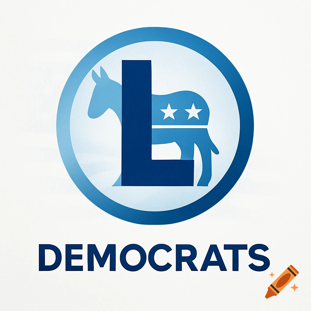 Blue circle with a dark blue L over a light blue donkey with two stars, above the word 'DEMOCRATS' in blue capital letters.