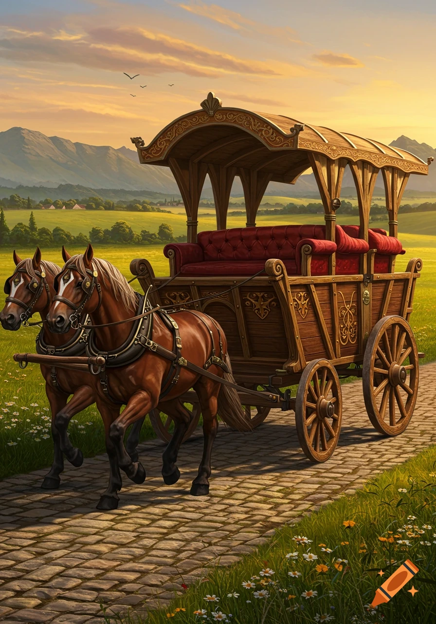 Two brown horses pull an ornate medieval fantasy cart with red velvet seats along a cobblestone path through green fields with mountains at sunset.