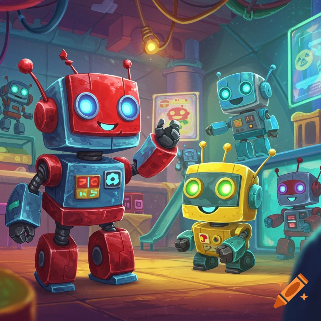 A colorful group of friendly robots with glowing eyes in a lively workshop setting, featuring red, blue, and yellow robots.