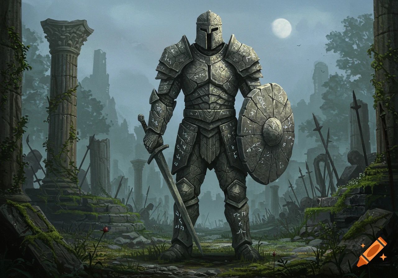 A stone knight in full armor, holding a sword and shield, stands in moss-covered ruins under a full moon in a fantasy art style.