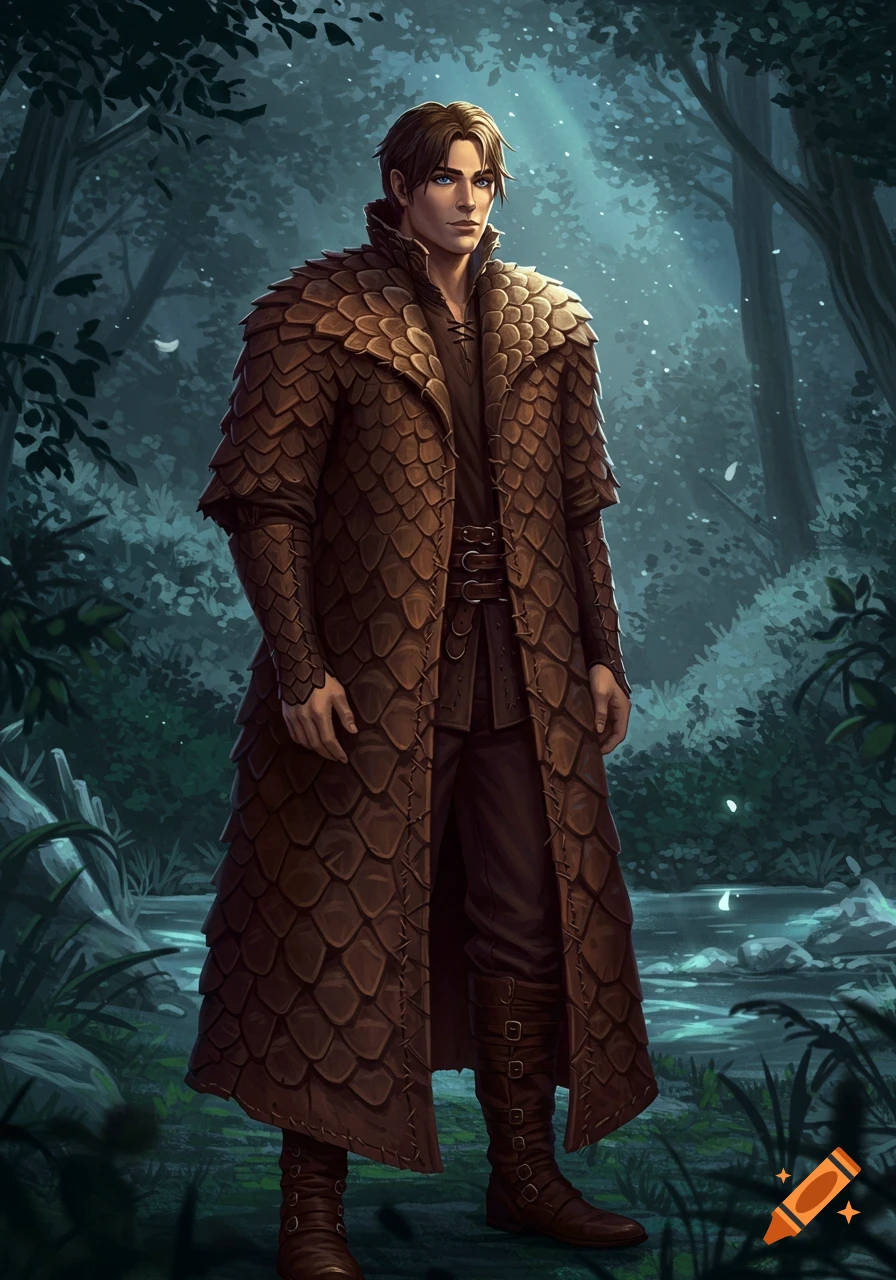 A male fantasy character wearing a brown scaled coat stands in a dark, mystical forest with a glowing stream. Digital art style.