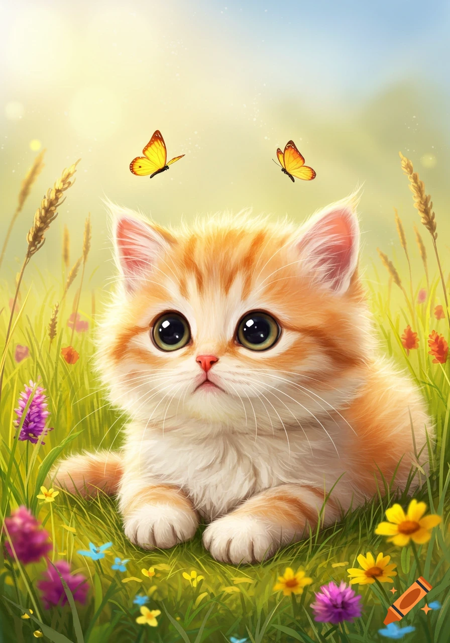 A cute, fluffy orange and white kitten with big eyes lies in a vibrant field of green grass and wildflowers with two butterflies.